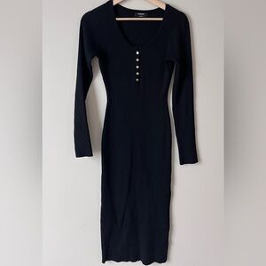 Black Ribbed Long-Sleeve Henley Bodycon Dress